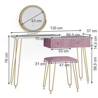 Vicco Schminktisch Zoey Rosa 120 cm mit led Beleuchtung und Hocker