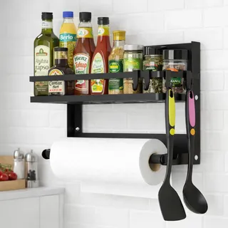 Zenquira Gewürzregal Wand Ohne Bohren, Küchenregal Hängend mit Küchenrollenhalter und 4 Haken, Spice Rack für Küchen Organizer, Schwarz, 30×29.5×21CM