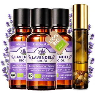 Bio Lavendelöl ätherisch 100% naturrein – 90ml Ätherisches Öl (Lavandula Angustifolia) für Diffuser, Aromatherapie & Raumduft – inkl. Stoffbeutel und Roll On Flasche (3er Pack)