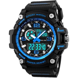 Herren Digital Quarz Uhr mit Silikon Armband LED 5 ATM wasserdicht Armbanduhr Sportuhren mit Countdown/Wecker/Stoppuhr Digitaluhr für Männer Blau