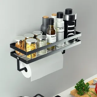 SHUESS Gewürzregal Wand ohne Bohren, 35 cm schwarzes Gewürzregal hängend mit Küchenrollenhalter Wand, Küchenregal hängend aus Kohlenstoffstahl, 12 x 5,5 cm, für Gewürze, Öl, Bad und Küche