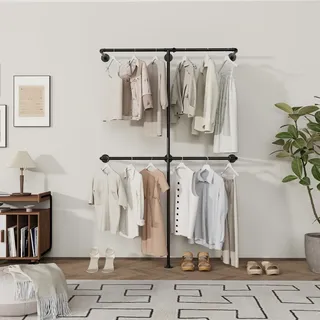 YheenLf Kleiderstange Wandmontage 200 kg Traglast - Offener Kleiderschrank oder Kleiderständer industrial gold aus Metall Wasserrohren, Zwei Spalten, 120x180cm