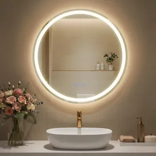 SONGMICS Badspiegel mit Beleuchtung, Spiegel rund, Wandspiegel, Badezimmerspiegel Antibeschlag-Funktion, Farbtemperatur und Helligkeit einstellbar, Bad Schlafzimmer, 51 cm, wolkenweiß LWM213WC02