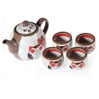 lachineuse - Japanisches Teeservice Maneki Neko – mit Teekanne & 4 Tassen aus Porzellan – Geschenkidee Japanische Katze Kawaii Süß für Geburtstag, Weihnachten – Japanisches Geschirr Asien