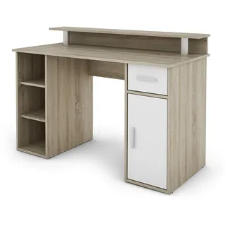byLIVING Schreibtisch DIEGO / Arbeits-Tisch mit viel Stauraum in Sonoma Eichen-Holz-Optik hell-braun / Fronten in Weiß / Computer-Tisch / 1 Schublade, 1 Tür, 3 offene Fächer / 120x88x55cm (BxHxT)