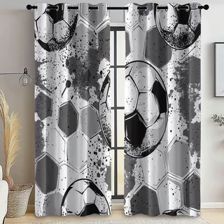 Vorhang Einfach Graffiti Fußball Drucken Grau mit Ösen Verdunklungsvorhänge Gardinen Thermo Vorhänge Blackout Curtain Kinder Wohnzimmer Schlafzimmer H215 x B110 cm (2er Pack)