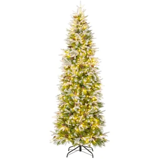 COSTWAY 225 cm Künstlicher Weihnachtsbaum mit Beleuchtung und Schnee, Bleistift Tannenbaum mit 350 warmweißen LED-Lichtern & 75 Tannenzapfen, Christbaum schmal, Kunstbaum Weihnachten für Zuhause