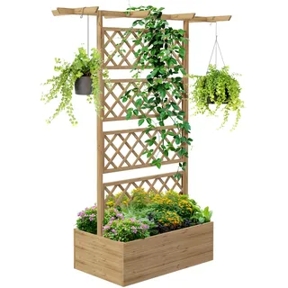 Outsunny Hochbeet mit Rankengitter mit Dach 160 x 55 x 183 cm Naturholz | Holz Gartenbeet, Pflanzbeet für Kletterpflanzen, Frühbeet für Garten, Balkon