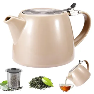 Teekanne mit Siebeinsatz, 500ML Teekanne Keramik Schwarz, Porzellan Tea Pot, Tee Zubehör - Teezubereiter für Losen Tee Isoliert und Tropffrei, Langanhaltende Wärme teingut (Kamel)