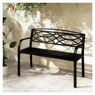 Gartenbank aus Metall, Sitzbank für 2 Personen im Freien, Balkonbank mit Rückenlehne und Armlehnen, Vintage Parkbank, belastbar bis 300 kg, Metallbank 116 x 49 x 83 cm, Schwarz