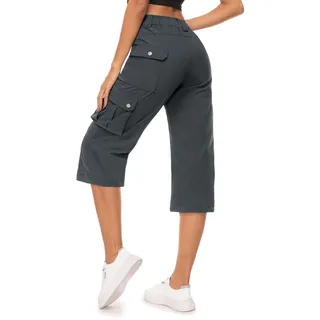 Moosehill Hose Damen 3/4 Cargo Caprihose Wanderhose Wasserdicht Trekkinghose Atmungsaktiv Cargohose Sommerhose Stretch Outdoor Sport Reise Hose Mit 6 Taschen(Grau,M)