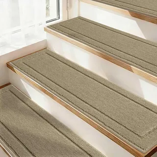 JSEI Stufenmatten Innen rutschfest 15 Stück, 20,3 x 76,2 cm Maschinenwaschbare Treppenteppich Selbstklebend Stufenteppich für Kinder, Älteste und Haustiere, 100% Polyester TPE -Rücken, Beige