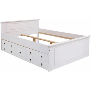 otto home Massivholzbett »Hugo, hohe Belastbarkeit! FSC® zertifiziertes Massivholz, Landhausstil« Breite/Belastbarkeit 180cm/200KG, 140cm/180KG, Stauraumbett aus massiver Kiefer, weiß