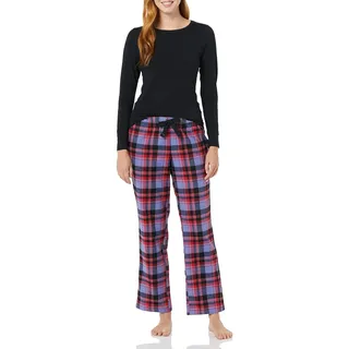 Amazon Essentials Damen Leichte Flanell Hose und Langarm T-Shirt Schlafset Schwarz Blau Mixed Tartan XXL