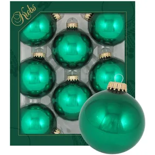 Dekohelden24 Lauschaer Christbaumschmuck - 8er Set Kugeln Uni glänzend smaragdgrün, 6,7 cm, mit goldenem Krönchen + 50 Schnellaufhänger in Gold GRATIS zu Ihrer Bestellung dazu !