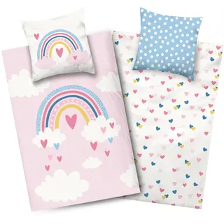 Aminata kids Kinderbettwäsche 135x200 cm Mädchen 100% Baumwolle Regenbogen & Herzen | Wende-Bettzeug-Set mit YKK-Reißverschluss | Rosa