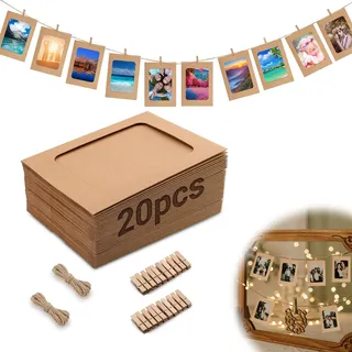 Mbsomnus 20 Stück Fotogirlande 10x15cm Fotoleine mit Klammern Braun | Papier Bilderrahmen, mit 20 Holzklammern, 2 Hanfseil, Karton Fotorahmen 6 Zoll, DIY, Geburtstag, Hochzeit, Party, Wand