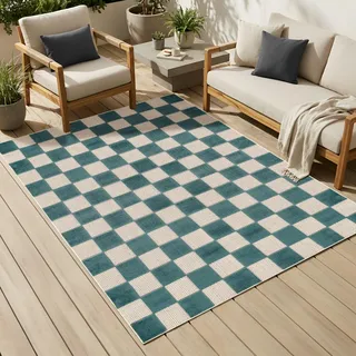 TAPISO Checker Outdoor Teppich Türkis Kariert Wetterfest 300 x 400 cm | Balkon Garten Terrasse Camping - Waschbar UV-beständig Strapazierfähig Outdoorteppich Balkonteppich Indoor Flachgewebe