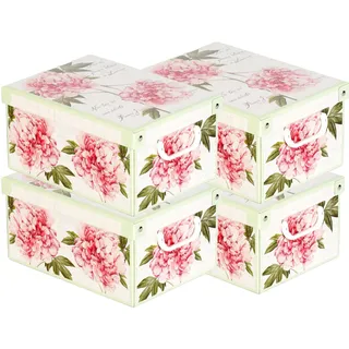 Set aus 4 Aufbewahrungsboxen mit Deckel – Große Kleiderboxen aus Karton 25x35x17,5 cm – Robust, leicht zu montieren, mit Tragegriffen – Perfekt für Kleiderschrank & Saisonwechsel Pfingstrosen