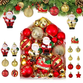 Kssvzz 72er Set Weihnachtskugeln Plastik Rot Gold, Christbaumkugeln Kunststoff Weihnachtsbaum Deko, Weihnachtsbaumkugeln mit Aufhänger, Glänzend Glitzernd Matt Weihnachtsbaum Kugeln Christbaumschmuck