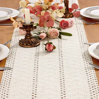 Dremisland Tischläufer Weiß Bauernhaus Klein Tischdecke Boho Makramee Tischläufer Mesh Tischabdeckung Table Runner Tischdeko Frühling Tisch Läufer für Party Valentinstag Hochzeit Dekor, 30x240cm