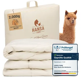 HANSA-FARM | Baby Alpaka Bio-Bettdecke 200 x 200 cm (Füllung 2.000g) - Herbst Winter warm - atmungsaktiv und temperaturausgleichend - Große Aufbewahrungstasche