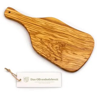 DAS OLIVENHOLZBRETT® Knoblauch Schneidebrettchen aus Olivenholz/Kräuterschneidebrettchen/Zwiebelbrett aus Holz mit Griff aus Olivenholz/mit Loch zum Aufhängen 35cm incl Griff