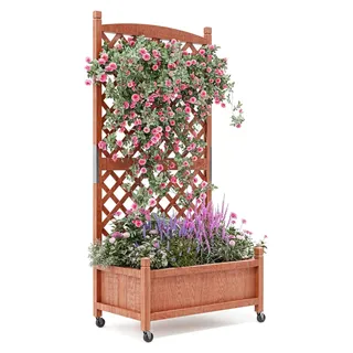 Pflanzkasten aus Holz - Hochbeet mit Rankgitter - Auf Rollen - Mit Drainagelöchern - Für Terrasse und Balkon - Braun 75x66x156 cm - Braun