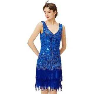 BABEYOND Damen Flapper Kleider 1920er Jahre V Ausschnitt Perlen Fransen Great Gatsby Kleid, blau, Small