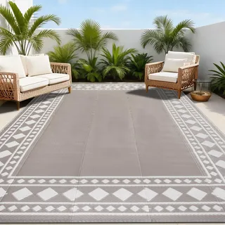 Homcomodar Outdoor Teppich Wetterfest 180x270cm Wendbarer Balkon Teppich Wasserdurchlässig Vorzeltteppich Outdoorteppich Kunststoff für Camping Terrasse Garten Zeltteppich Picknick,Beige