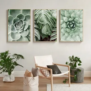 CULASIGN 3er Set Premium Poster,Moderne Grüne Pflanzen Poster Set Bilder,Grüne Blätt Bilder für Schlafzimmer Wohnzimmer Deko,Ohne Rahmen (A, 50x70cm)
