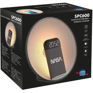 NASA Wecker SPC600 – Radiowecker, Bluetooth-Lautsprecher, kabelloses Laden 15 W Qi, Doppelalarm, Wecker, LED, Lithium-Akku, Lautsprecher 5 W RMS – Grau