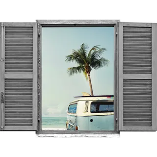 queence Wandtattoo »Auto am Meer«, (1 St.), Wandsticker, Wandbild, selbstklebend, 3D, Fenster, blau