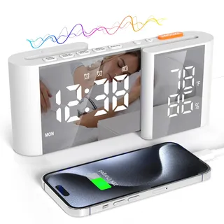 Lancoon Funkwecker für Schlafzimmer FM Radio LED Spiegeluhr Snooze USB Ladeanschluss Lautstärke Helligkeit einstellbar Weiß