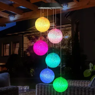 Riisoyu Solar Windspiel für Draußen, 6 LED Solar Kristallkugel Windspiel Licht Farbwechsel Wasserfest Dekorationen für Garten deko draußen Hof Baum Balkon Terrasse und Heimdekoration