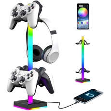 WADEO Gaming RGB-Kopfhörerhalter, drehbarer Headset-Ständer mit 9 Lichtmodi, Controller-Halterung für Xbox-Serie | One/ PS5/ PS4/ Nintendo/Switch Controller, Typ-C-Aufladung, PC Gaming Zubehör