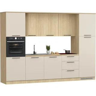 Küchenzeile KOCHSTATION "KS-Luna, Einbauküche, Zeilenküche, Küchenblock", küche: natur, front: kaschmir, eiche chopinfarben, korpus: eiche chopinfarben, arbeitsplatte: eiche chopinfarben, B:300cm H:214,5cm T:60cm, Komplettküchen-Sets, Küchenzeile, Breite 300 cm, wahlweise mit Hanseatic-E-Geräten, APL 35mm stark