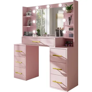 BETTSO Design Schminktisch STAR – Kosmetiktisch mit goldenen Griffen, Spiegel & Beleuchtung Rosa - Rosa