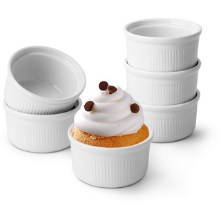 ComSaf 6 Stück Soufflé Förmchen, 85 ml Creme Brulee Schälchen aus Keramik, Mini kleine Auflaufform für Souffle, Creme Brulee, Fondants Muffins - Souffle Förmchen Backofenfest Weiß