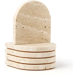 WORHE Marmor-Untersetzer, Beige Travertin Stein Marmor 5er-Set mit Korkboden, saugfähige Untersetzer für Teetassen, Kaffeetassen, Weingläser, geeignet für Haus, Bar und Büro (DL020)