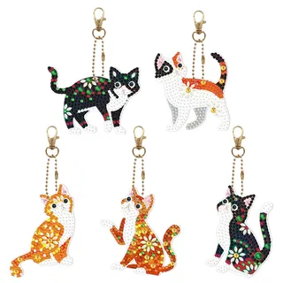 JSRQT 5 Stück DIY Katze Diamant Malerei Schlüsselbund,5D Diamond Art Painting Schlüsselanhänger,Doppelseitige Rhinestone Pasted Diamant Art keychain Stickerei Kunst Handwerk