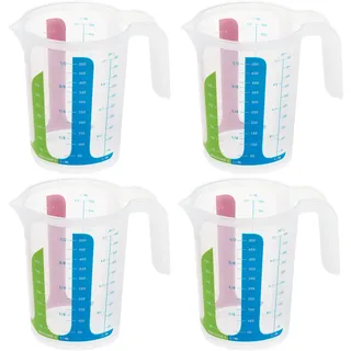 MiraHome 4er Set bunt – 4 Messbecher mit 500ml – bruchsichere Kunststoff-Messbecher für Küche – Skala für ml/L, Cups & Gramm für Zucker/Mehl – Austrian Quality