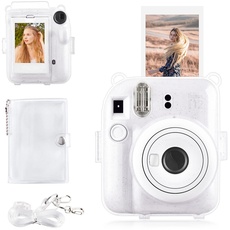 Rieibi Instax Mini 12 Tasche – Glitzerhülle für Fujifilm Instax Mini 12 Sofortbildkamera mit Fototasche auf der Rückseite, transparentem Schultergurt und Mini-Fotoalbum - Glitzer Klar