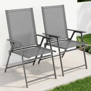 Clevich Gartenstuhl 2er Set, Balkonstuhl Hochlehner Klappbar, Campingstuhl | Leicht Klappstuhl mit Metallgestell für Garten, Terrasse und Camping, Komplett Montiert, Grau