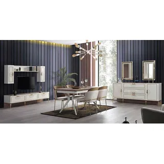 Esszimmer Garnitur Esstisch 4x Stuhl Kommode Gruppe Italy Tisch Möbel 8tlg. Set - Braun, Weiß