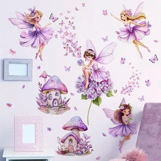WandSticker4U®- Wandtattoo FEE und SCHMETTERLING Lila (101x68 cm) I Wandtattoo Kinderzimmer Mädchen Feen Elfen Blumen I Wandsticker Kinderzimmer Deko Mädchen Prinzessin