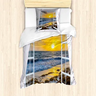 ABAKUHAUS Küsten Mantele, Open Window Sonnenaufgang Meer, Milbensicher Allergiker geeignet mit Kissenbezügen, 135 cm x 200 cm - 80 x 80 cm, Mehrfarbig