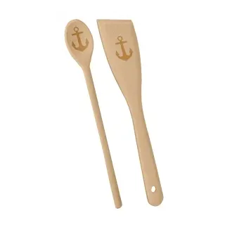 Metaltex Küchenhelfer, Kochlöffel & Wender Set, 2-teilig, Holzkochlöffel mit gelaserten maritimen Motiv, Motiv: Anker