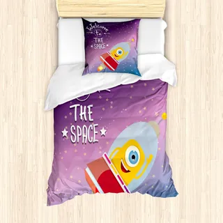ABAKUHAUS Weltraum Mantele, Spaceship Alien Kinder, Milbensicher Allergiker geeignet mit Kissenbezügen, 135 cm x 200 cm - 80 x 80 cm, Lila-blau - Violett