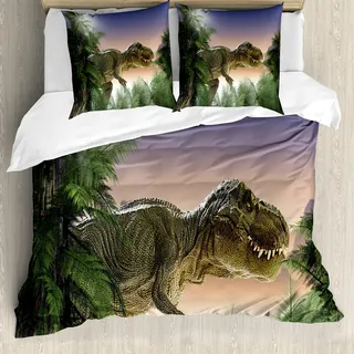 ABAKUHAUS Jurassic Bettbezug, Dinosaurier im Dschungel, Milbensicher Allergiker geeignet mit Kissenbezügen, 200 cm x 200 cm - 80 x 80 cm, Grün Blau Pfirsich